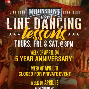 Line Dancing Lessons at Moonshine Flats, Thursday, April 25th, 2019