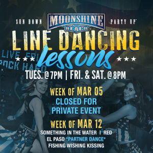 Line Dancing Lessons at Moonshine Beach, Tuesday, March 19th, 2019