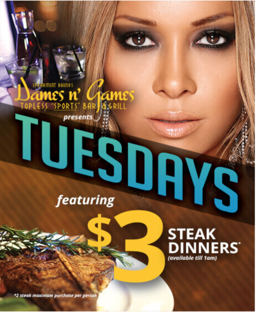 $3 Steaks Tuesdays - Dames N Games Topless Sports Bar & Grill LA