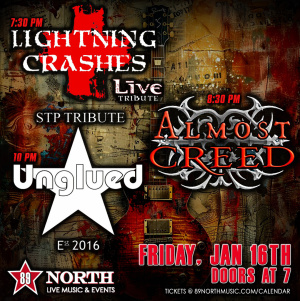 Flyer: Lightning Crashes, Almost Creed, Unglued
