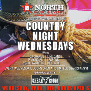 Flyer: COUNTRY NIGHT. URBAN RODEO W/ DJ CHARLIE. DANCE LESSONS W/ LESLIE
