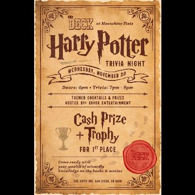 Harry Potter Trivia Night at The Deck at Moonshine Flats, Wednesday, November 20th, 2024